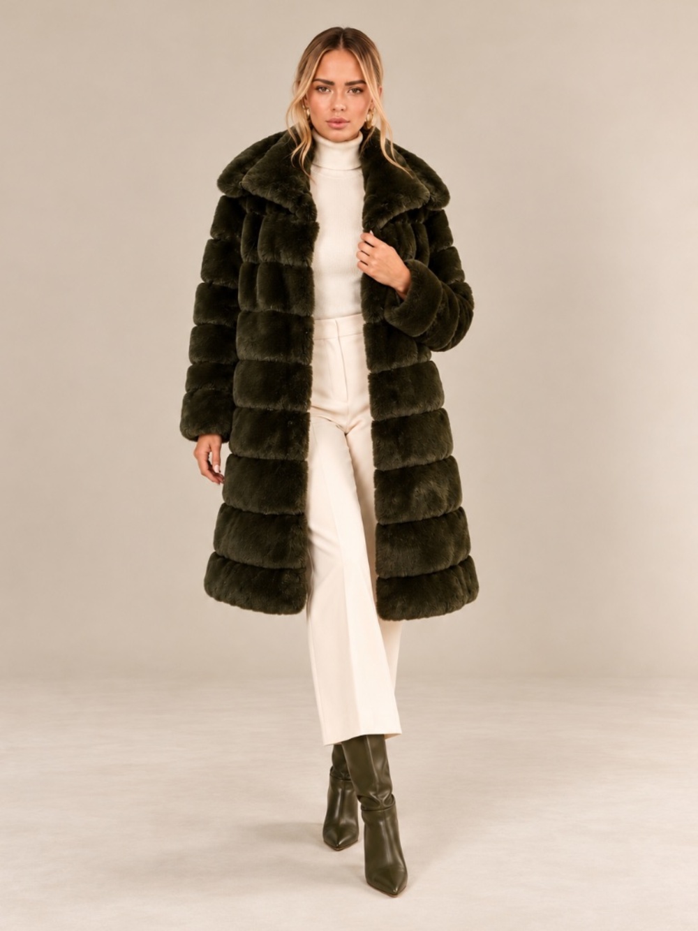 Adrienne Landau Olive Green Faux Fur Long Coat XS
